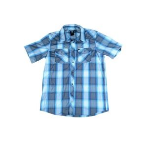The North Face Mens Medium Beige Blue Gray Plaid Short Sleeve Button Up Pearl